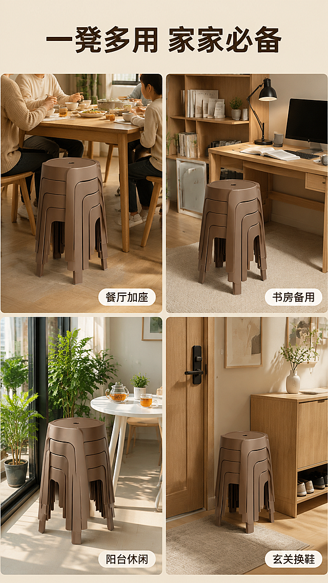 [第5屏] 详情页场景拼贴-圆凳多场景使用展示。本屏使用【图1】作为各场景中的商品主体。
[氛围/风格] 生活方式感，现代家居，实用温馨，多场景拼图版式。
[元素布局] 四宫格2x2拼图，每格一个使用场景：左上格-餐厅场景，凳子放在餐桌旁，一家人围坐吃饭，背景有餐桌、餐具、吊灯；右上格-书房场景，凳子放在书桌旁作为备用椅，背景有书架、台灯、电脑；左下格-阳台场景，凳子放在阳台小桌旁，有绿植、茶具、阳光；右下格-玄关场景，凳子放在进门处作为换鞋凳，有鞋柜、装饰画、地垫。凳子在每个场景中都保持外观与输入产品图一致，自然融入环境。
[光影质感] 每格场景光线自然真实，餐厅暖黄光、书房冷白光、阳台自然光、玄关暖光。整体明亮温馨。
[配色色系] 全局底色 #F5F0E8；每格场景各自配色但整体暖调统一。
[视角构图] 2x2四宫格布局，每格独立场景，格间有细白色分隔线。每格内凳子为视觉焦点。
[文字版式] 顶部主标题「一凳多用 家家必备」，大号粗黑体深棕色字居中。每格右下角有白色圆角标签深棕字：「餐厅加座」「书房备用」「阳台休闲」「玄关换鞋」。文字清晰可读，不遮挡凳子。
[比例分辨率] 9:16竖版比例，4K分辨率，文字清晰可辨。
[负向提示词] 变形，水印，文字错乱，产品图模糊，背景杂乱，电商平台Logo，人物面部，畸形手。