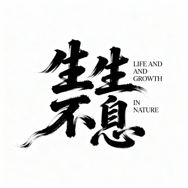 书法字体海报，主体为“生生不息”四个草书汉字，旁边点缀大写英文“LIFE AND GROWTH IN NATURE”，草书字体狂野奔放，视觉张力富有动感，超粗笔画流畅飘逸，笔画巧妙延长变形，带有飞白效预览效果