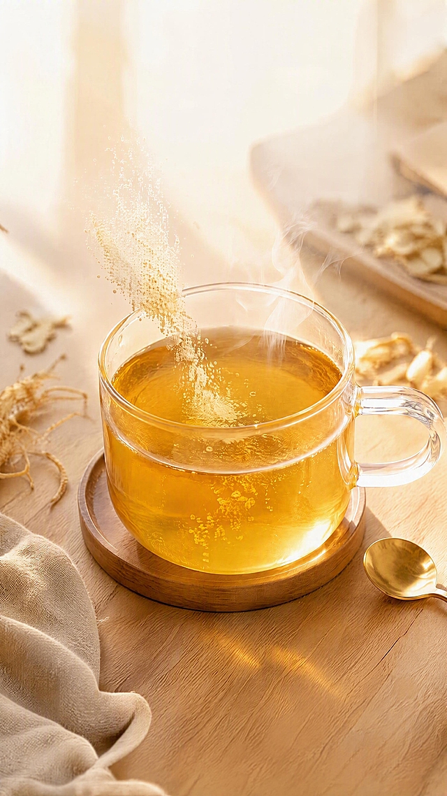 保留画面中央玻璃杯中金黄透亮的花旗参茶汤冲泡特写，保留正在倒入的参粉颗粒和蒸汽效果，保留木质桌面、木杯垫、金色小勺、参片参须等背景元素；去掉画面上方所有文字（汤色清透/参香浓郁/一冲即溶等全部文字），去掉左下角和右下角的两个茶包包装袋，去掉左上角手持的茶包包装袋和手，去掉底部的3秒速溶和甘醇不苦两个标签按钮；只保留中间的玻璃杯茶汤和桌面背景道具，画面干净自然，冲泡瞬间的动态感保留，光影和色调与原图一致，商业摄影质感。