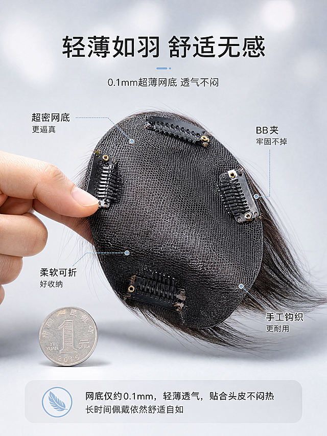[第4张] 网底工艺 - 轻薄柔软网底细节展示页。本张使用【图1】作为网底细节主体参考。
[氛围/风格] 精致工艺风，细节特写，商业产品摄影质感，抖音竖屏详情页。
[元素布局] 画面中央展示补发片网底特写，黑色超细密网底，网孔均匀通透，边缘包边工整；四个BB夹分布四周，金属质感清晰；手指轻轻捏起网底展示柔软度，网底可以弯曲折叠；背景为浅灰色渐变，有柔和光斑；旁边放一枚硬币做厚度对比，展示网底超薄；网底结构、夹子位置与输入图一致。
[光影质感] 顶部柔光均匀照明，侧光突出网底纹理和立体感，底部柔和投影，整体干净通透。
[配色色系] 全局底色 #F0F2F5（浅灰蓝）；主色黑色网底；辅助色银灰金属夹、白色对比物；点缀色浅蓝光晕。
[视角构图] 45°斜俯视，主体居中，周围留白，阅读动线顶部标题 → 中部网底特写 → 底部工艺说明。
[文字版式] 标题字形：简洁无衬线体。顶部居中主标题「轻薄如羽 舒适无感」，副标题「0.1mm超薄网底 透气不闷」；四个引线标注分别指向：「超密网底 更逼真」「BB夹 牢固不掉」「柔软可折 好收纳」「手工钩织 更耐用」；底部小字说明佩戴舒适度；文字清晰，不遮挡网底细节。
[比例分辨率] 3:4竖版比例，width=1200，height=1600，4K分辨率，文字清晰可辨，高清画质。
[负向提示词] 网底变形，夹子位置错误，颜色偏差，水印，文字错乱，结构错误。
