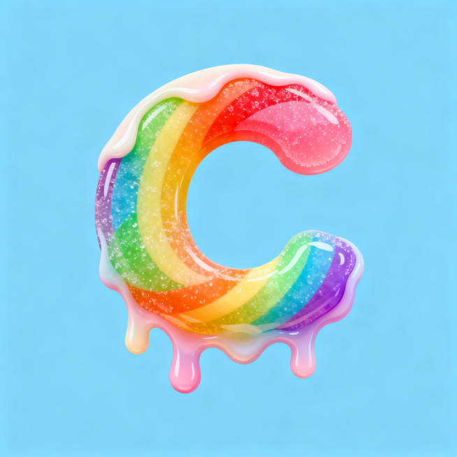 甜美糖果主题logo，以融化的彩虹糖为造型，字母“C”代表Candy完美融入糖体中，logo边缘带有柔软的糖丝效果，整体使用高饱和度马卡龙色系，设计风格简约甜美，适合糖果店和甜品品牌使用预览效果