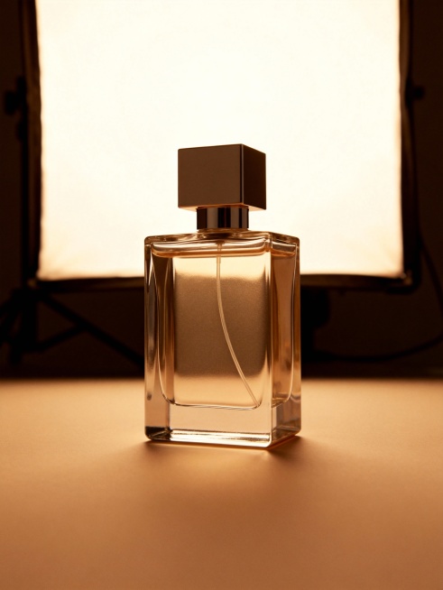 一个方形香水瓶，正面视角，干净暖色背景，光线柔和，瓶身光滑有质感，细节精致预览效果
