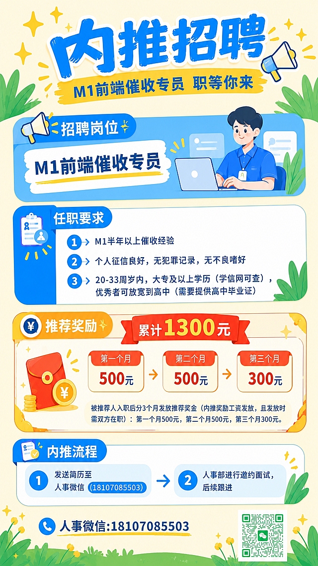 将参考图的内推招聘海报重新排版，适配超宽幅横向比例（约7087:18900的超细长竖幅比例）。保持原有的扁平插画风格、米黄色暖色调背景、绿色草丛和黄色四角星装饰元素、配色方案不变。所有内容模块沿垂直方向依次纵向排列，每个模块之间增加适当间距，充分利用超长竖向空间：顶部为大标题"内推招聘"和副标题"M1前端催收专员 职等你来"；往下依次是招聘岗位模块、任职要求模块（三条要求序号1、2、3）、推荐奖励模块（累计1300元，三个月分别500、500、300元，说明文字完整）、内推流程模块（两步流程）；底部为人事微信联系方式"18107085503"和右下角微信二维码。所有文字内容保持不变，排版适应超细长竖幅比例，信息分区清晰，层级分明，四周留有舒适边距。画面中所有数字精确渲染，无空白区域。