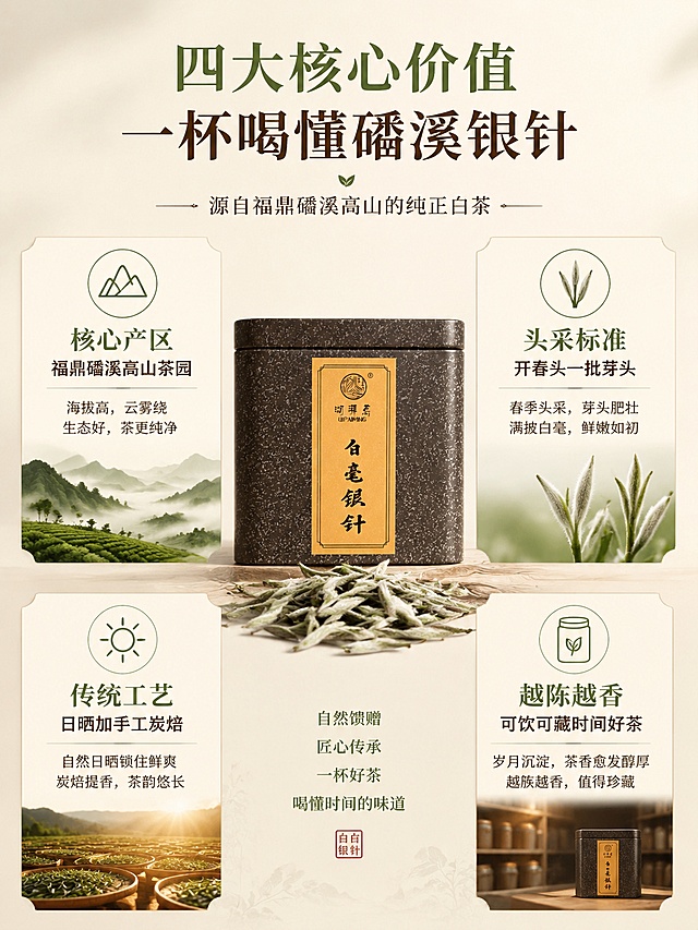 [第2屏] 四大核心价值总览屏——为什么选我们的白毫银针。本屏使用【图1】作为铁罐参考，【图4】作为干茶参考，保留产品外观特征。
[氛围/风格] 东方雅致茶系，简洁信息图风格，温润高级，商业摄影质感。
[元素布局] 画面中央偏上放置白毫银针铁罐（使用【图1】素材），占比约25%；铁罐下方散落少量干茶芽头（使用【图4】素材）；四周分布四大核心价值模块，呈四宫格环绕布局；每个模块配简约线性图标和对应小插图（茶园山形、芽头、太阳、茶罐）。
[光影质感] 顶部均匀柔光，铁罐清晰有质感，各模块卡片有轻微投影，整体明亮干净。
[配色色系] 全局底色米白 #F7F3EA；主色茶绿 #6B8E5A；辅助色深褐 #5C4A3A、浅米色卡片底、暖黄点缀。
[视角构图] 正面平视，中心铁罐为视觉锚点，四模块向四周展开，阅读动线清晰。
[文字版式] 顶部主标题「四大核心价值 一杯喝懂磻溪银针」，温润宋体；四个卖点分栏：左上「核心产区 福鼎磻溪高山茶园」配山形图标，右上「头采标准 开春头一批芽头」配芽头图标，左下「传统工艺 日晒加手工炭焙」配太阳图标，右下「越陈越香 可饮可藏时间好茶」配茶罐图标；每栏标题下配2行小字说明；字色深褐与茶绿搭配。
[比例分辨率] 3:4 竖版比例，width=1200 height=1600，4K分辨率，文字清晰可辨。
[负向提示词] 铁罐变形，标签错乱，颜色偏差，水印，文字错乱，文字过小，图标模糊。