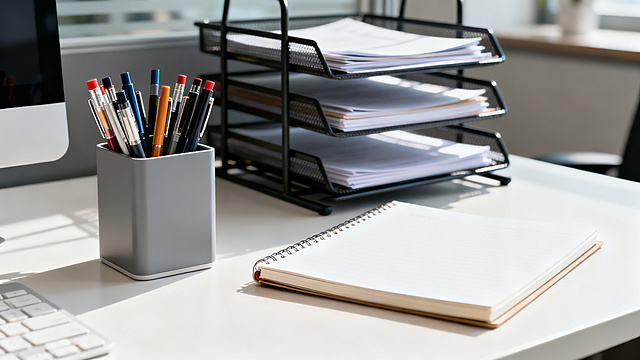 真实办公场景，简约整洁的明亮办公桌面职场办公区背景，规整摆放爆款笔插在收纳盒、笔记本放在桌面、收纳架摆放文件，收纳用品处于实用状态特写，光线明亮自然，画面无杂乱元素，突出产品办公适配性与高效实用属性，场景化风格塑造品质信任感