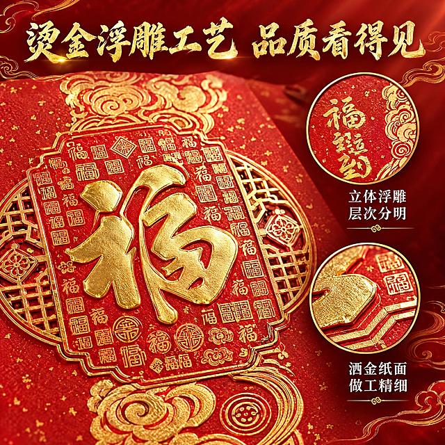[主图-3] 材质细节与工艺品质展示，突出烫金浮雕工艺和精美做工。
[统一基调] 国潮喜庆风格，红金主色调，背景为深红色渐变搭配金色祥云纹理，标题字体为大气书法体金色字，辅助文字为白色宋体，整体氛围高端大气有年味。
[画面] 画面主体为image3中的百福临门款撕历的局部放大特写，聚焦在撕历中央的百福图烫金浮雕区域，占画面约60%，清晰展示烫金浮雕工艺的立体层次感和金属光泽，能看到百福图上的各种福字细节和红色纸面的洒金效果。右侧叠放两个圆形放大框：上方放大框展示撕历顶部福运到烫金书法字的细节纹理，下方放大框展示福字边缘的浮雕立体感和描金细节。每个放大框旁配简短文字说明。
[光影质感] 微距摄影质感，侧光突出烫金浮雕的立体感，金色部分有明显金属反光，红色纸面洒金纹理清晰可见，细节丰富，质感高级。
[配色] 主色中国红+金色，辅助色米白，背景深红渐变，放大框金色描边。
[文字版式] 顶部主标题"烫金浮雕工艺 品质看得见"金色书法大字。右侧两个放大框旁分别标注"立体浮雕 层次分明"和"洒金纸面 做工精细"白色文字。文字不遮挡主要细节区域。
[输出要求] 1:1正方形比例，2K分辨率，细节清晰，纹理分明，文字清晰可读，无变形，无错字，无水印，无平台logo。