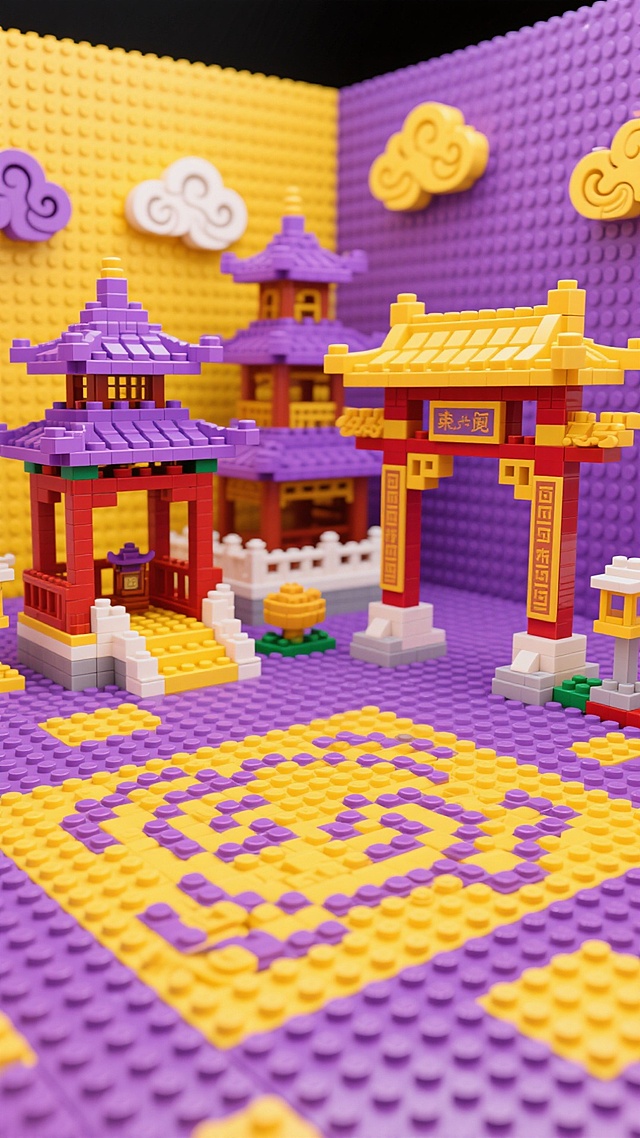 中式建筑以3D微缩艺术呈现，色彩鲜艳，细节精致，营造出传统节日的喜庆氛围。