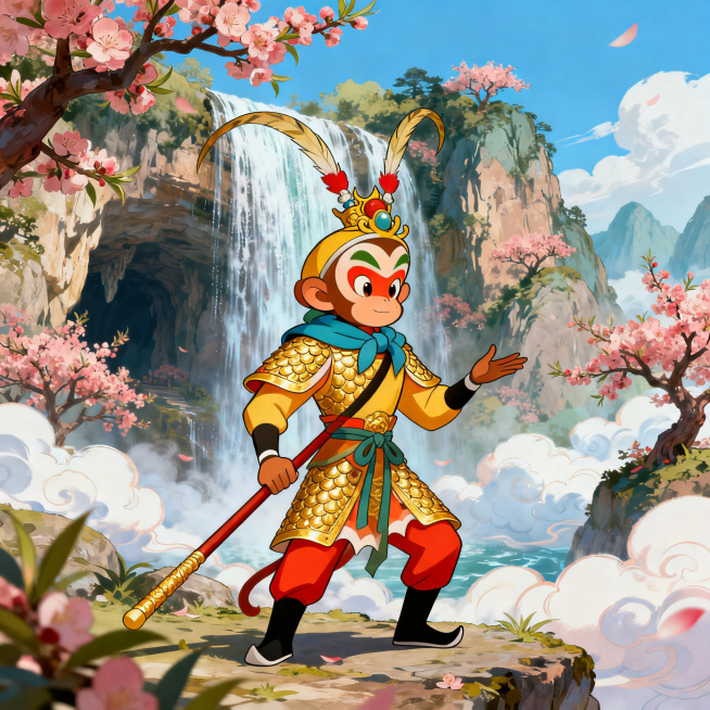 经典动漫风格，孙悟空身穿锁子黄金甲，头戴凤翅紫金冠，手持金箍棒，站在花果山水帘洞前，周围是满山桃树和云海，色彩鲜艳明快，西游记动漫风格预览效果
