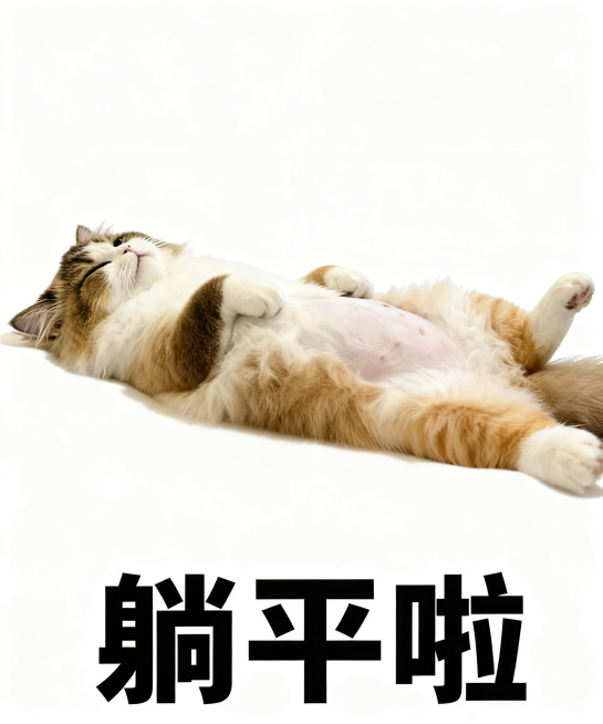 将图中的橘白猫咪替换为图二的棕白布偶猫，保持猫咪仰躺躺平的姿势、白色背景和下方“躺平啦”的黑色粗体文字不变预览效果