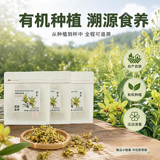 [主图-2] 铁皮石斛花茶有机种植溯源卖点图，产地信任风格。
[氛围风格] 自然田园风，有机种植溯源感，真实可信；
[画质] 商业摄影质感、光线柔和通透、产品清晰真实、画面干净高级。
[元素] 画面左侧为三袋铁皮石斛花茶产品整齐摆放，包装袋清晰完整；右侧及背景为有机种植园场景虚化，可见成片的石斛种植植株、绿色叶片与淡黄色石斛花，田园自然环境；前景中景用细虚线引线从产品指向背景中的种植场景元素，分别标注对应卖点。画面下方点缀一小堆晾晒的干石斛花与竹制小簸箕，强化原生手工感。**保持三袋铁皮石斛花茶产品外观（即物理结构、材质质感、颜色、包装标签图案）与输入产品图绝对一致，杜绝任何变形和色差，精细化处理**。商品主体占比严格控制在60%左右；画面满屏无边框。
[光影] 自然日光漫射光，整体明亮柔和，田园自然光感，产品受光均匀，阴影浅淡，背景种植园有阳光透过叶片的光斑效果，温暖通透。
[配色] 主色自然绿、米白；辅色石斛花粉黄、竹编棕；整体清新有机绿色调。
[视角构图] 平视视角，左产品右场景的构图方式；景深较大，背景种植园适度虚化，产品清晰突出，整体层次丰富。
[文字版式] 画面顶部居中大字主标题“有机种植 溯源食养”，深绿色粗黑体，字号最大；主标题下方小字“从种植到杯中 全程可追溯”，细黑体深灰色。画面右侧用三个圆形图标加文字竖向排列，分别为：上“自产自销”配小农田图标、中“有机种植”配叶片图标、下“淡淡清香”配花朵图标，图标浅绿底深字，文字简洁清晰。底部右侧小字“独立小包装 冲泡更便捷”。所有文字不遮挡产品主体。
[输出要求] 1:1比例，文字清晰锐利可辨，超高清商业摄影质感；
[负向提示词] 变形，文字错乱，产品图模糊，背景杂乱，水印，电商平台Logo，医疗功效表述，绝对化用语。