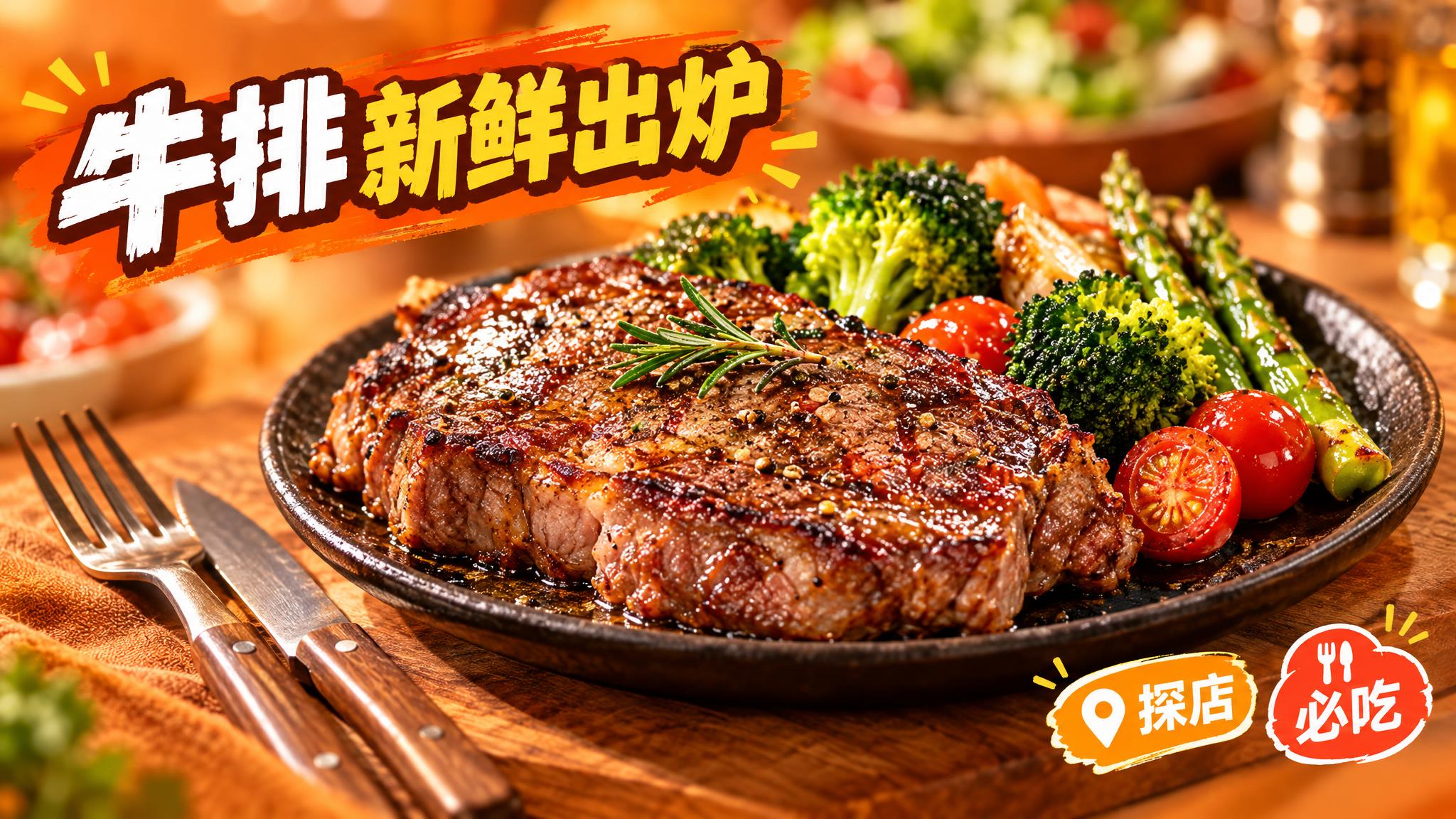 活力美食风格，暖橙色背景，画面中心是一盘色泽诱人的牛排，牛排表… - 图片创意预览