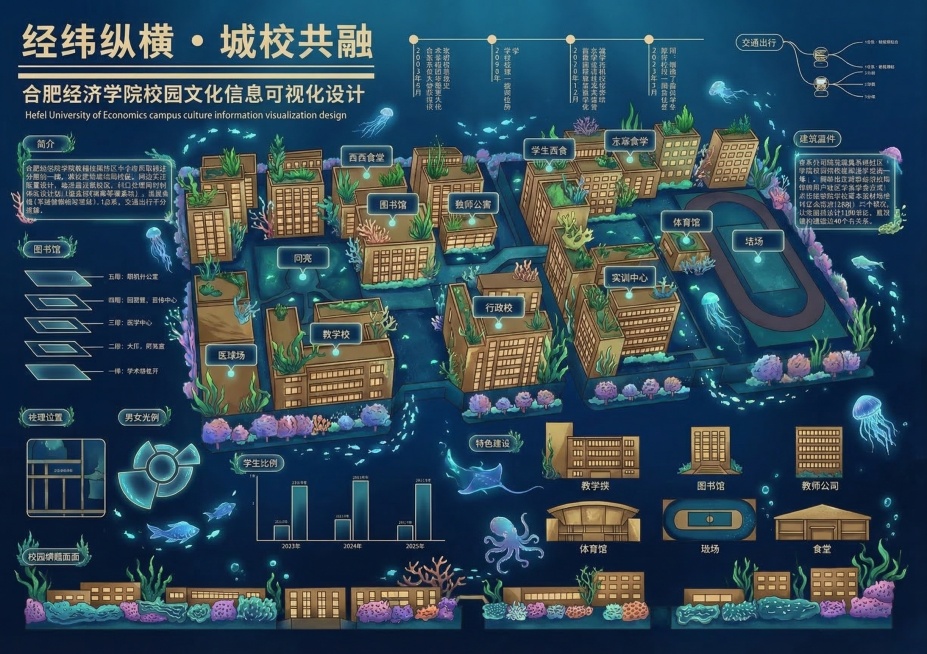 参考第二张图的深海蓝色海洋幻想风格为这张合肥经济学院校园导览图上色，保留原始构图和所有文字、建筑位置不变，使用珊瑚、海洋生物等海洋元素装饰，整体深蓝色背景，建筑为暖棕色和绿色植被配色，保持信息图表的清预览效果