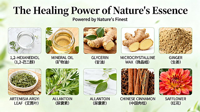 产品成分图，大标题：The Healing Power of Nature's Essence副标题：Powered by Nature's Finest9种成分：1,2-HEXANEDIOL（1,2-己二醇）MINERAL OIL（矿物油）GLYCERIN（甘油）MICROCRYSTALLINEWAX（微晶蜡）GINGER（生姜）ARTEMISIAARGYI LEAF（艾蒿叶）ALLANTOIN（尿囊素）CHINESECINNAMON（中国肉桂）SAFFLOWER（红花）成分要实拍图