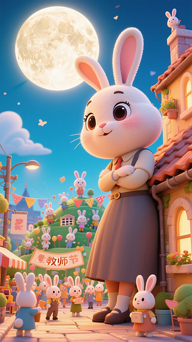 3D卡通风格，拟人兔子在梦幻超现实小镇庆祝教师节，可爱氛围浓厚。