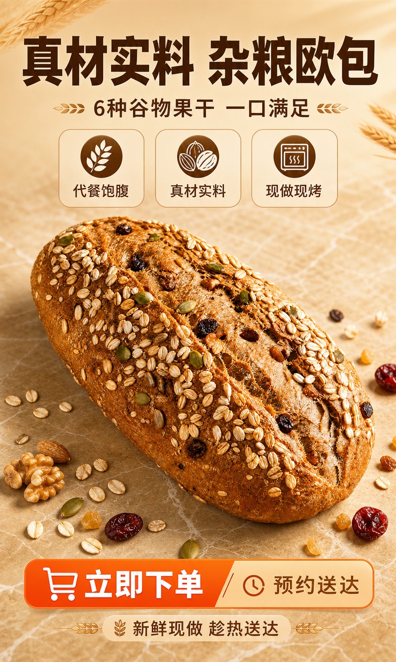 [商品] 使用【图1】全麦杂粮欧包（表面铺满燕麦片，长椭圆形粗… - 图片创意预览