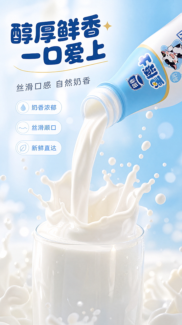 [商品] 使用【图1】银桥星博士高钙鲜牛奶瓶，部分瓶身出现在画面角落或做倾倒动作，保留瓶身所有原貌细节；本页以鲜奶质地特写为主视觉。
[画面] 口感质地微距特写页，主视觉为丝滑奶液倾倒流动的瞬间，奶液醇厚挂壁、细腻光泽、有自然奶泡；画面中可见部分倾倒的瓶口，奶液落入下方透明玻璃杯，杯中鲜奶有漂亮的液面弧线与挂壁效果；周围点缀细小奶滴飞溅；≥3层视觉层次（前景奶滴飞溅+中景奶液流动+背景虚化渐变）。
[视觉] 套系策略：风格=清新治愈奶感商业插画摄影风；标题字=圆润可爱粗体无衬线（卡通感）；正文字=简洁圆润无衬线体；主色=天空蓝+奶白色；背景延展=浅蓝到奶白的柔焦渐变背景、细腻光晕；强调色=暖金色，仅用于高光点缀；标题色=深蓝；正文色=中蓝灰；组件=简洁文字标签、无多余装饰；光影=侧逆光勾勒奶液轮廓，通透有质感。
[文字] 左上或右上主标题"醇厚鲜香 一口爱上"，副标题"丝滑口感 自然奶香"；配2-3个口感短句标签："奶香浓郁""丝滑顺口""新鲜直达"；文字量少而精，不抢画面主体；所有文字横向排版。
[规格] 图片比例9:16竖版，4K，避免变形、错字、文字过小、颜色发灰发脏、奶液质感虚假、包装文字错乱。
