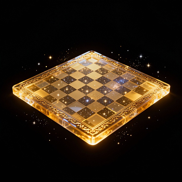 一张金色发光的星空棋盘，棋盘表面由半透明金色材质构成，边缘有精致的金色花纹，棋盘格内点缀着闪烁的星空元素，如同夜空中的星星，整体散发着柔和的金色光芒，悬浮在纯黑色背景中，带有微光粒子效果