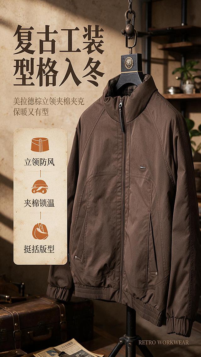 [商品] 使用【图1】男士棕色立领夹棉夹克；商品处理：保留立领、拉链、插肩袖、斜插口袋、罗纹收腰下摆、罗纹袖口、格纹内衬、棕色面料和整体版型；自然去除衣身杂乱褶皱，理顺垂坠，增强面料纹理、缝线、拉链和五金质感，不改变版型、颜色和结构。
[画面] 目标：复古工装风格头图海报，突出夹克整体版型与美拉德棕调高级质感。构图：左文右图竖版排版，右侧夹克为视觉主体占画面60%，悬挂于复古金属衣架上，背景为暖棕调工业风墙面+木质置物架+绿植点缀，前景有复古皮箱、旧杂志等道具烘托氛围；左侧留白放标题文案。景别：中景，展示夹克全貌。阅读动线：左上标题→右侧主体夹克→左下副标题。
[视觉] 套系策略：风格=复古工装高级商业摄影，美拉德棕调氛围感；标题字=粗衬线体，复古厚重；正文字=简洁无衬线体；主色=深棕/焦糖棕；背景延展=基于棕调做深浅层级、同色渐变、做旧墙面/木质/皮革质感；强调色=焦糖橘，仅用于小面积图标、引线和标签；标题色=深炭棕；正文色=暖棕灰；组件=圆角复古信息卡、细棕线引线、做旧纸张纹理；光影=左前侧暖柔光，自然投影，复古胶片质感。
[文字] 左上主标题「复古工装 型格入冬」，副标题「美拉德棕立领夹棉夹克 保暖又有型」，下方3个短卖点：立领防风、夹棉锁温、挺括版型。文字横排，不遮挡夹克主体、拉链和口袋。右下角小号英文装饰「RETRO WORKWEAR」。
[规格] 图片比例9:16竖版，分辨率2K，避免变形、错字、文字过小、冷蓝/蓝灰背景、衣服颜色改变、版型失真、白底、平台Logo水印。