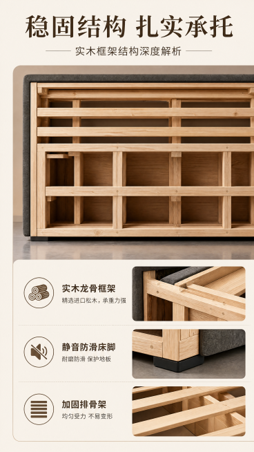 [第4屏] 实木框架结构深度解析，展示内部承托结构。
[氛围/风格] 工业风质感展示，清晰通透，专业可信，突出稳固结构优势。
[元素布局] 本屏使用【图7】展示内部实木框架结构，画面分上下两部分，上半预览效果