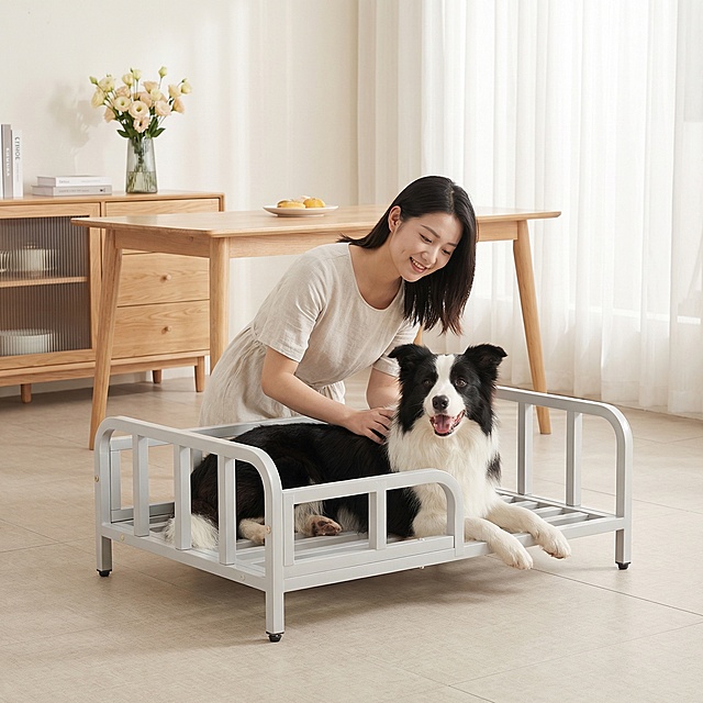 浅灰色金属框架狗床，保持原产品物理结构绝对不变，床下面没有轮子，床腿没有额外东西，床上没有床垫。产品主体不变形不扭曲。
居中平视构图，狗床放置在浅色系开放式餐厅的亚麻地砖上，背景是浅原木餐桌和餐边柜，明亮温馨小清新家庭氛围。
床上趴着一只开心的边牧，一位清新风东亚女孩，穿着浅色连衣裙，弯腰站在旁边温柔抚摸狗狗，神态干净自然。
柔和厨房自然光漫射，整体低对比度奶白色调，阴影极淡，画面干净通透。
餐边柜上摆一瓶淡色桔梗花，阳光透过白纱帘，氛围温馨生活感满满。
淘宝主图摄影，8K高清，小清新治愈风格。保持 1:1 画面比例。