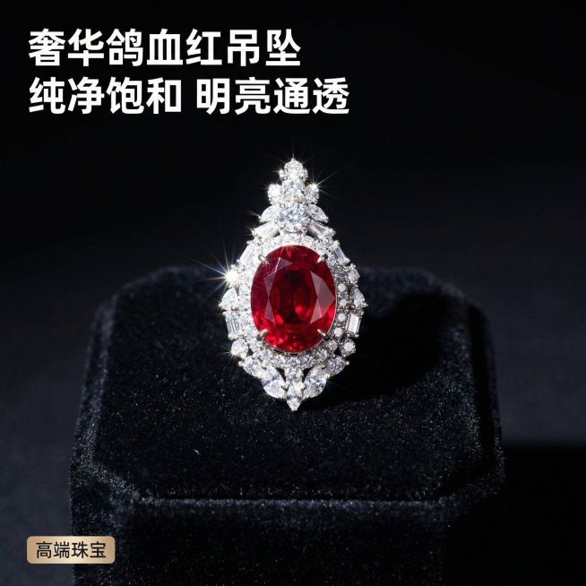 [主图 1] 奢华鸽血红吊坠高端首图。[氛围/风格] 奢华高贵珠宝风格，光影华丽高级，质感通透。[画面元素] 保持原有鸽血红吊坠产品外观不变，吊坠放置在黑色丝绒展示台居中，纯净浓郁红色主石搭配周围群镶预览效果