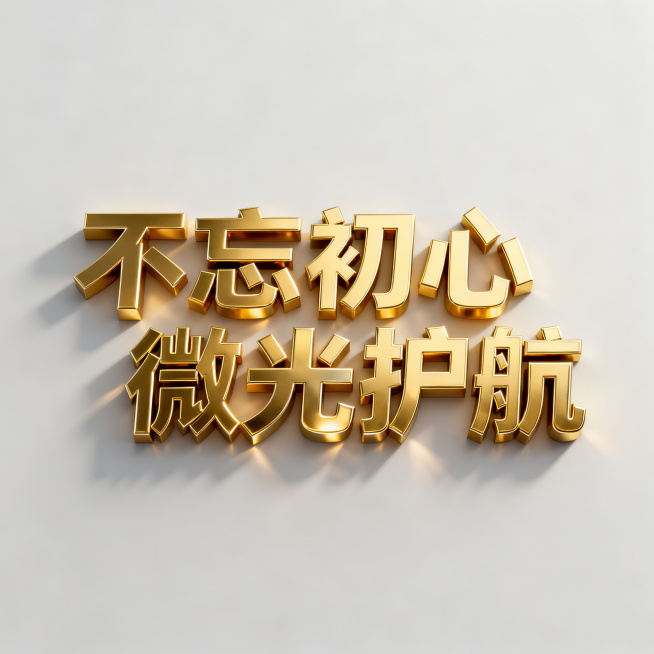 金色3D立体效果的文字，文字内容"不忘初心 微光护航"排成一行，金属质感，清晰突出，光影层次丰富，简约高级设计背景预览效果