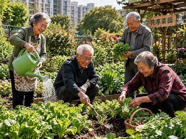 健康老龄化理念主题图片，画面展现几位老年人在社区花园里一起打理共享菜园，他们有的在浇水、有的在松土、有的在采摘新鲜蔬菜，周围是郁郁葱葱的菜畦和盛开的花朵，老人们笑容满面，互相交流种植经验，体现动手劳作、亲近自然、邻里和睦的健康老年生活，阳光明媚的户外菜园场景，温馨自然，写实风格，高清细腻