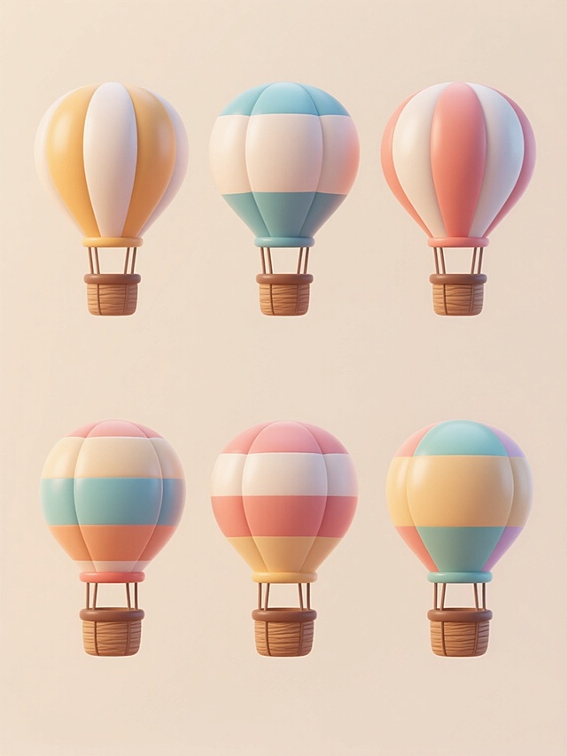 6个不同样式不同配色的3D卡通风格热气球元素，浅色背景，上下两行对齐排列，每个热气球都有光滑圆润的流线型球体，带有明显的条纹或色块拼接设计，球体下方连接着木质纹理的吊篮和棕色支架，整体呈现柔和的渐变色彩和细腻的光影效果，具有可爱的卡通质感和立体感，画面简洁明快，视觉层级清晰，色彩搭配和谐统一。