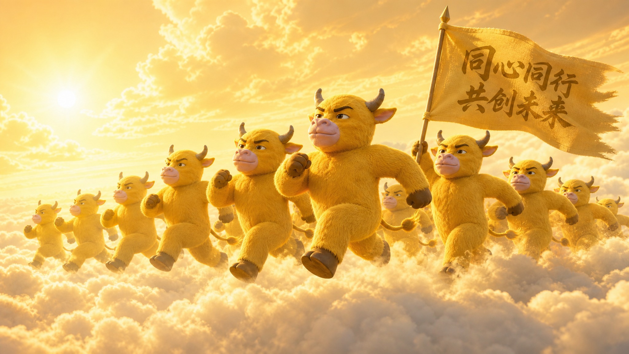 基于图中的暖金色云海天空背景风格，生成一群金黄色毛绒卡通牛牛在… - 图片创意预览