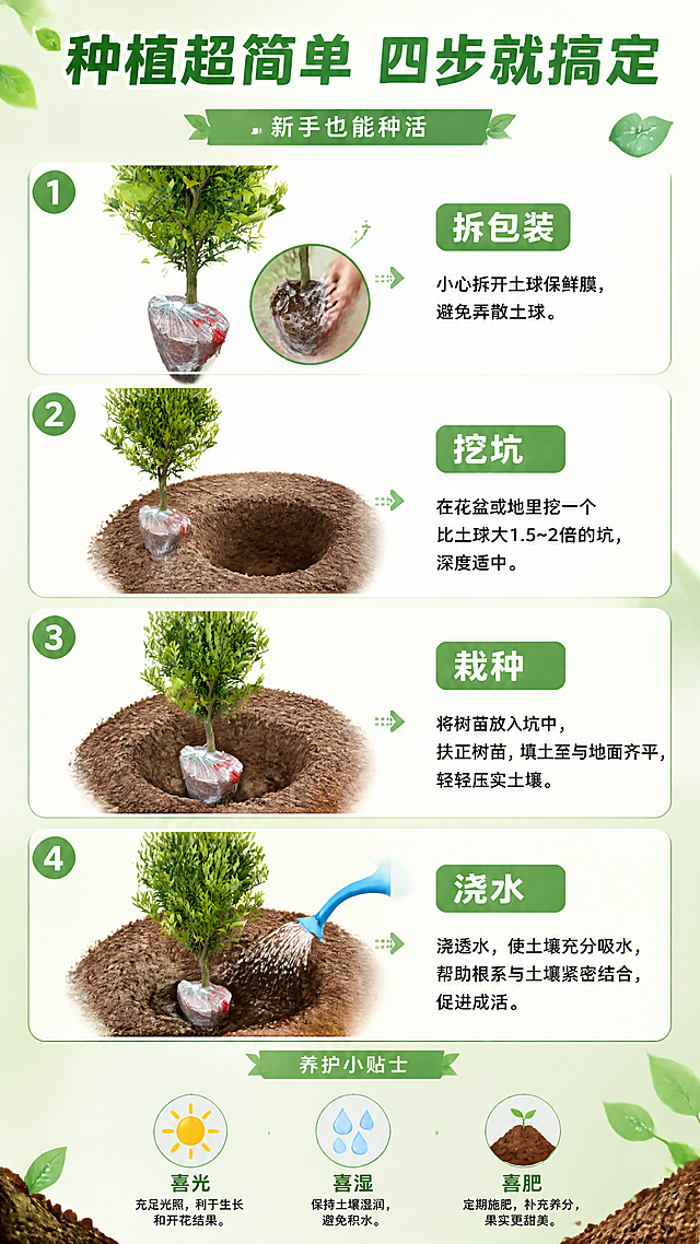 [第6张] 种植养护页-耙耙柑树苗种植步骤与养护要点。本张使用【图1】作为步骤中的树苗主体。
[氛围/风格] 清新教学风，简洁明了，步骤清晰，商业插画质感，轻松易懂。
[元素布局] 四步流程图布局，从上到下依次展示：第一步「拆包装」，小心拆开土球保鲜膜；第二步「挖坑」，在花盆或地里挖合适大小的坑；第三步「栽种」，将树苗放入坑中填土压实；第四步「浇水」，浇透水定根；每一步都有耙耙柑树苗参与，树苗结构、颜色、土球包裹方式与输入产品图一致；背景为浅绿渐变，有水滴、土壤等装饰元素。
[光影质感] 均匀柔光，明亮干净，步骤清晰易读，整体轻松友好，没有压力感。
[配色色系] 全局底色 #E8F5E9 浅绿底；主色翠绿 #4CAF50；辅助色天蓝 #64B5F6、土黄 #8D6E63。
[视角构图] 垂直四步流布局，从上到下阅读，每步有编号圆圈引导。
[文字版式] 版式为顶部标题 + 四步垂直流程 + 底部养护小贴士。顶部主标题「种植超简单 四步就搞定」，副标题「新手也能种活」；每步左侧有编号圆圈「1」「2」「3」「4」，右侧是步骤名称和简短说明「拆去包装」「挖好树坑」「覆土压实」「浇透定根水」；底部养护小贴士区域，三个小图标+文字「喜光」「喜湿」「喜肥」；文字清晰，步骤明确。
[比例分辨率] 9:16 竖版比例，4K 分辨率，文字清晰可辨，高清画质。
[负向提示词] 树苗变形，步骤混乱，颜色偏差，水印，文字错乱，产品图模糊，背景杂乱。