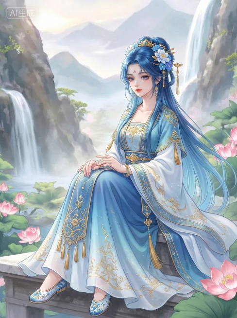 「图片1」类似画风的古装女子图，蓝发古风少女，蓝白渐变华丽服饰，金色纹饰与流苏，飘逸长发，精致蓝白鞋子，优雅灵动预览效果