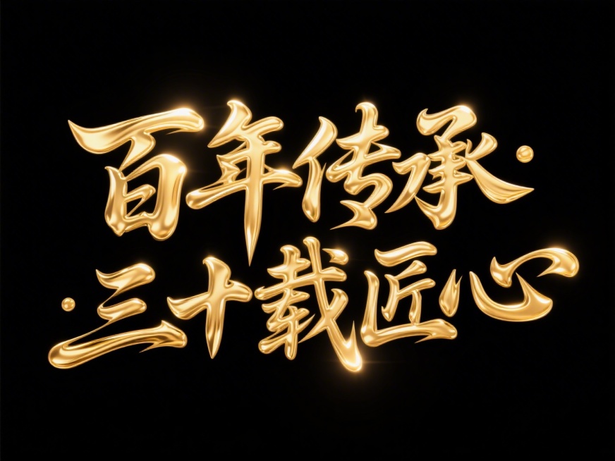 主标题为“百年传承·三十载匠心”二字，流动的金色笔触，文字横向排列，纯黑色背景预览效果