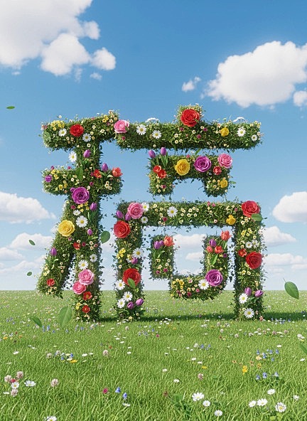 将logo变成由繁花缠绕组成的3D图形，画面色彩鲜艳，展现了一片明亮的宁静草地，配色为绿色。以蓝天白云为背景，绿叶飘落的动态感，辉光效果，明亮，超清