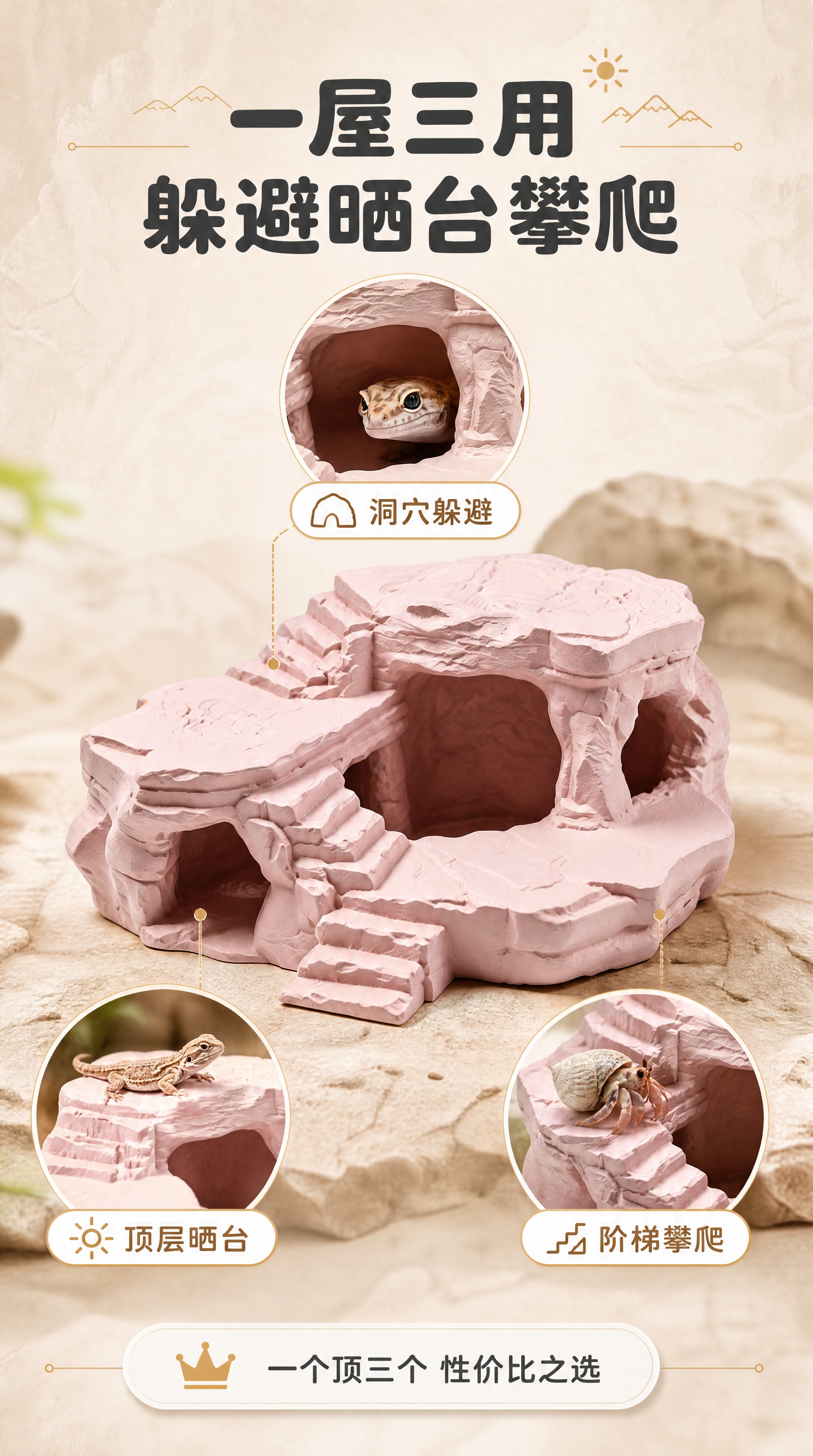 [商品] 使用【图3】樱花粉款寄居蟹仿真岩石躲避屋；保留三层阶… - 图片创意预览