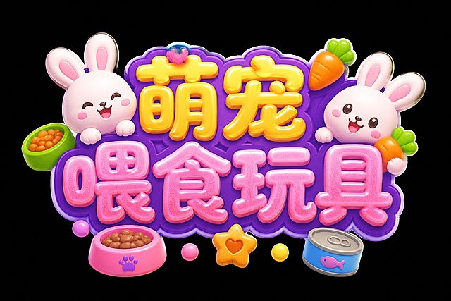 参考图片的可爱立体糖果风格字体，生成文字“萌宠喂食玩具”，保持原有的紫色彩边、渐变色彩和立体质感，将四周装饰元素替换为兔子和食物相关的可爱元素，整体风格Q弹可爱，糖果质感