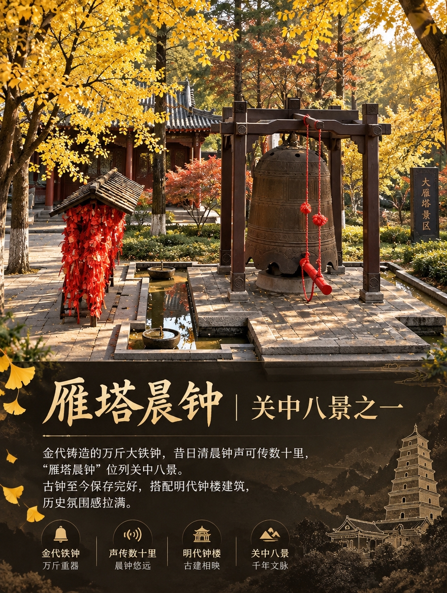 基于这张雁塔晨钟实拍图片，制作成3:4竖版景点介绍图，文旅科普… - 图片创意预览
