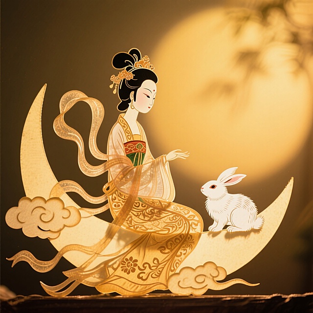 上美风格：嫦娥和白兔坐在月亮上，白色背景，背后有云彩，完整展示