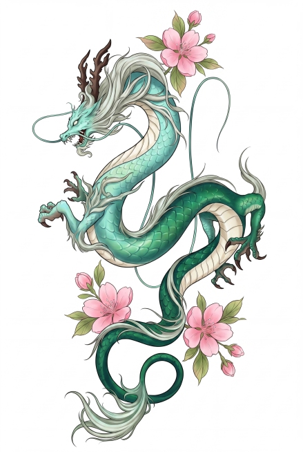 将龙渲染为小青龙青绿色：龙主体鳞片从浅青绿色渐变到深翠绿色，腹部腹鳍做奶白色，鬃毛和胡须做浅灰白色，龙角深褐色，在龙身体上下各添加一朵完整的粉色樱花，带嫩绿色叶片，保持整体竖向飘逸构图，纯白色背景，色预览效果
