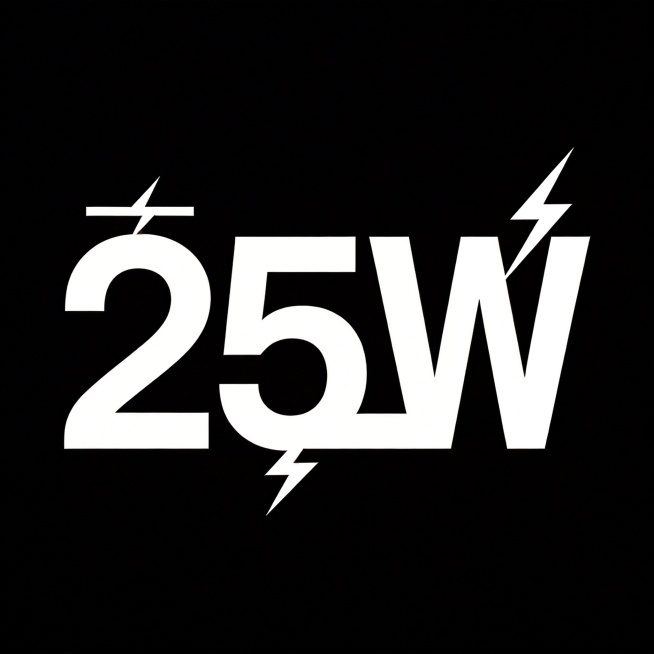干净的纯黑色背景。平面艺术字体设计，"25W"，现代极简几何无衬线字体，把小巧的闪电图形替代字体部分笔画，自然融入不突兀，呼应电力属性，白色字体，简约干净，识别性强，大气富有设计感，适配专业摄影器材产预览效果