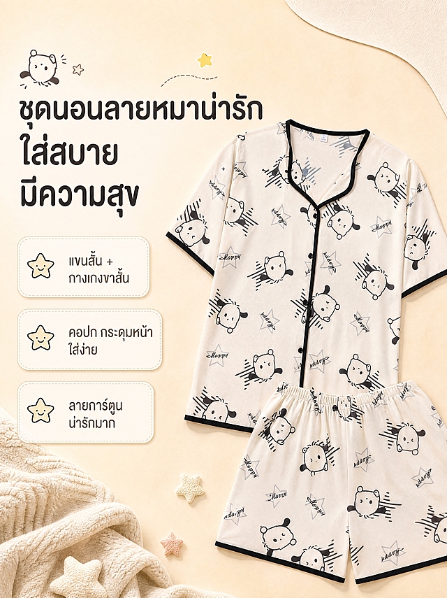 [商品] 使用【图1】米白色V领开襟短袖短裤睡衣套装；商品处理：保留V领、黑色滚边、前襟纽扣、短袖、短裤、米白色底色、卡通小狗头像图案、灰色星星、happy字母印花、版型结构和面料质感；自然理顺衣身垂坠，增强面料纹理和缝线质感，不改变版型、颜色和图案。
[画面] 详情页第1张-风格头图，左文右图布局，右侧为睡衣套装平铺俯拍展示，左侧为泰文标题和卖点。背景为浅米色柔和渐变，左下角有针织毯子和小星星装饰，右上角有弧形米白色装饰块，整体可爱俏皮。
[视觉] 套系策略：风格=东南亚跨境温馨居家商业摄影；标题字=现代圆润泰文字体粗体；正文字=简洁无衬线泰文字体；主色=米白奶杏色；背景延展=基于米白做深浅层级、同色渐变和细腻织物/纸张质感；强调色=炭黑色，仅用于小面积图标、引线和标签；标题色=深炭灰；正文色=中暖灰；组件=圆角浅底信息卡、细线引线、小狗/星星小图标；光影=顶部柔和自然光，轻微投影。
[文字] 右侧上方主标题泰文："ชุดนอนลายหมาน่ารัก ใส่สบาย มีความสุข"（可爱小狗图案睡衣 舒适开心）；下方3个圆角信息卡，每个配小星星图标：第1卡"แขนสั้น + กางเกงขาสั้น"（短袖+短裤），第2卡"คอปก กระดุมหน้า ใส่ง่าย"（翻领 前扣 易穿），第3卡"ลายการ์ตูน น่ารักมาก"（卡通图案 超可爱）。文字全部泰文，横向排版，不遮挡睡衣主体。
[规格] 图片比例3:4竖版，4K，避免变形、错字、中文出现、冷蓝背景、睡衣颜色改变、图案模糊、版型失真。
