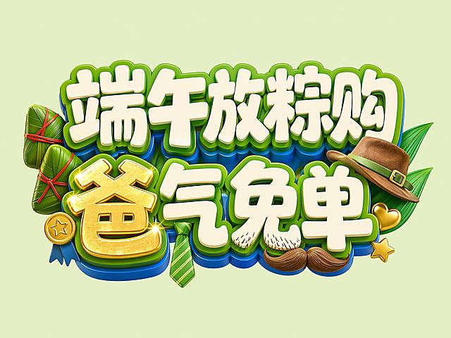 参考原图整体风格，保留原有粽子元素，添加父亲节相关元素（比如领带、胡茬、帽子），将“粽”字和“爸”字做特殊亮眼设计，使用金色材质点缀，让这两个字更加引人注目，保持原有排版：“端午放粽购”在上，“爸气免单”在下，保持浅绿干净背景，保留原有多层立体描边风格，文字完整不裁切，四周留有安全边距