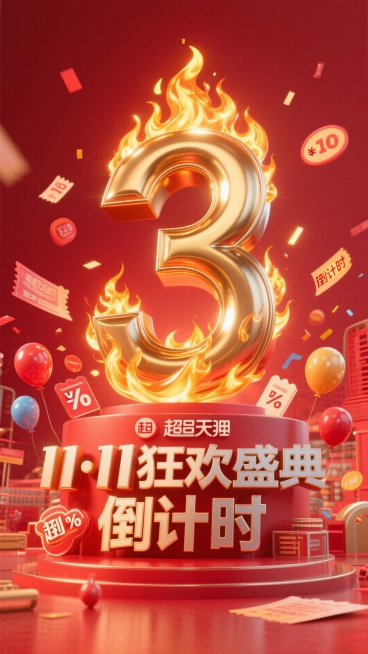 金属艺术字体设计“11·11狂欢盛典 倒计时3天”中的“3”要大突出，成为画面主体，金色火焰金属质感，红色背景，活动氛围，促销元素包围预览效果
