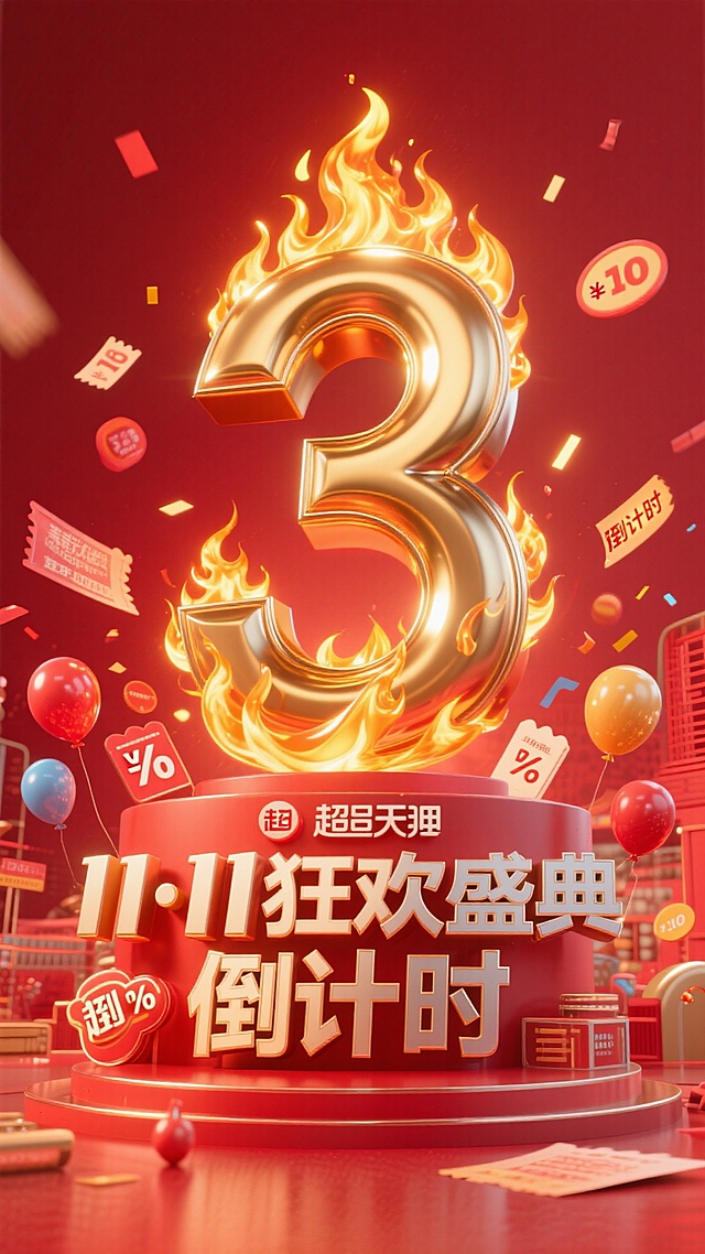 3D重拟物风格，鎏金数字“3”燃焰跃动，金属质感与粒子飞舞交织，红金主调烘托喜庆热血氛围，促销元素满溢，11·11狂欢盛典倒计时引爆视觉冲击。