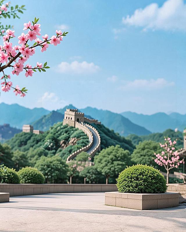 参考图片的朋友圈打卡框美陈布局风格，重新创作居庸关文创雪糕主题打卡框，突出居庸关长城剪影，搭配冰爽清凉的夏季元素和粉色桃花，清晰展示文字广告语"夏日清凉季，居庸关文创雪糕，上市大卖"，配色清新夏日，保留镂空打卡框结构
