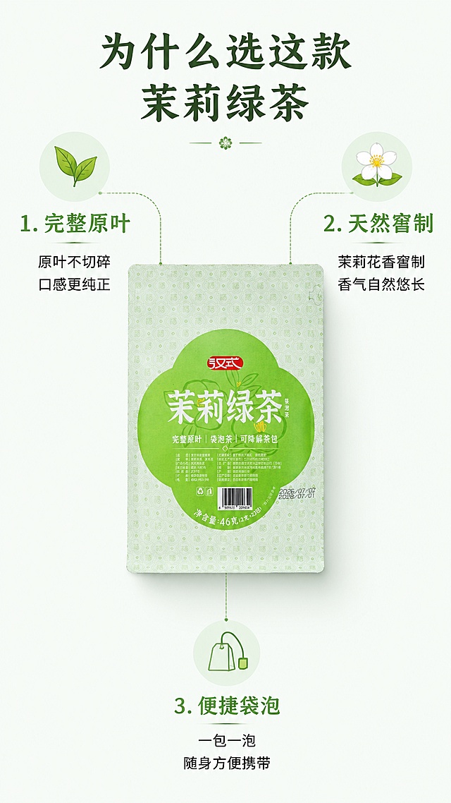 「图片1」，生成详情页，商品名称为茉莉绿茶，适配淘宝/天猫平台，单图比例为9:16，需求屏数为8张。「图片1」「图片1」「图片1」