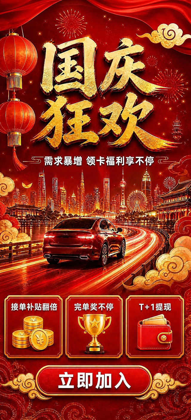 在参考图基础上做以下修改：1. 移除所有中秋元素：右上角的大月亮、左上角的桂花花枝，替换为国庆相关装饰元素如烟花、祥云、红色飘带等；2. 将副标题文字"举国同庆 福利享不停"替换为"需求暴增 领卡福利享不停"；3. 保持主标题"国庆狂欢"、三个权益卡片、底部"立即加入"按钮、汽车、城市天际线、红灯笼、祥云等其他元素不变；4. 整体红金配色和国风喜庆氛围保持一致，版式精美