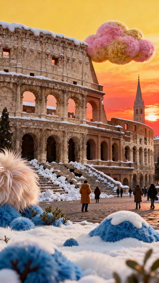 黄昏视角全景，冬日的罗马斗兽场残垣覆着薄雪，夕阳将石墙染成橙红。广场上行人裹厚大衣漫步，远处教堂尖顶刺破晴空，积雪在石阶缝隙中堆积