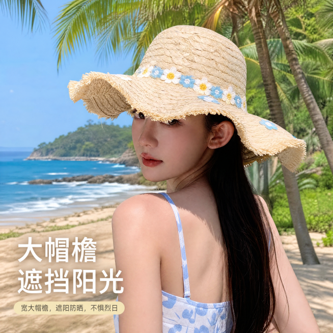 [主图-3] 拉菲小花毛边草编帽背面上头展示，夏日椰林户外清新感，自然松弛。商业摄影质感，光线柔和通透，产品清晰真实，画面干净高级。同一位模特，背影转头展示草帽背面造型，穿同款浅蓝吊带，背景椰林沙滩。预览效果
