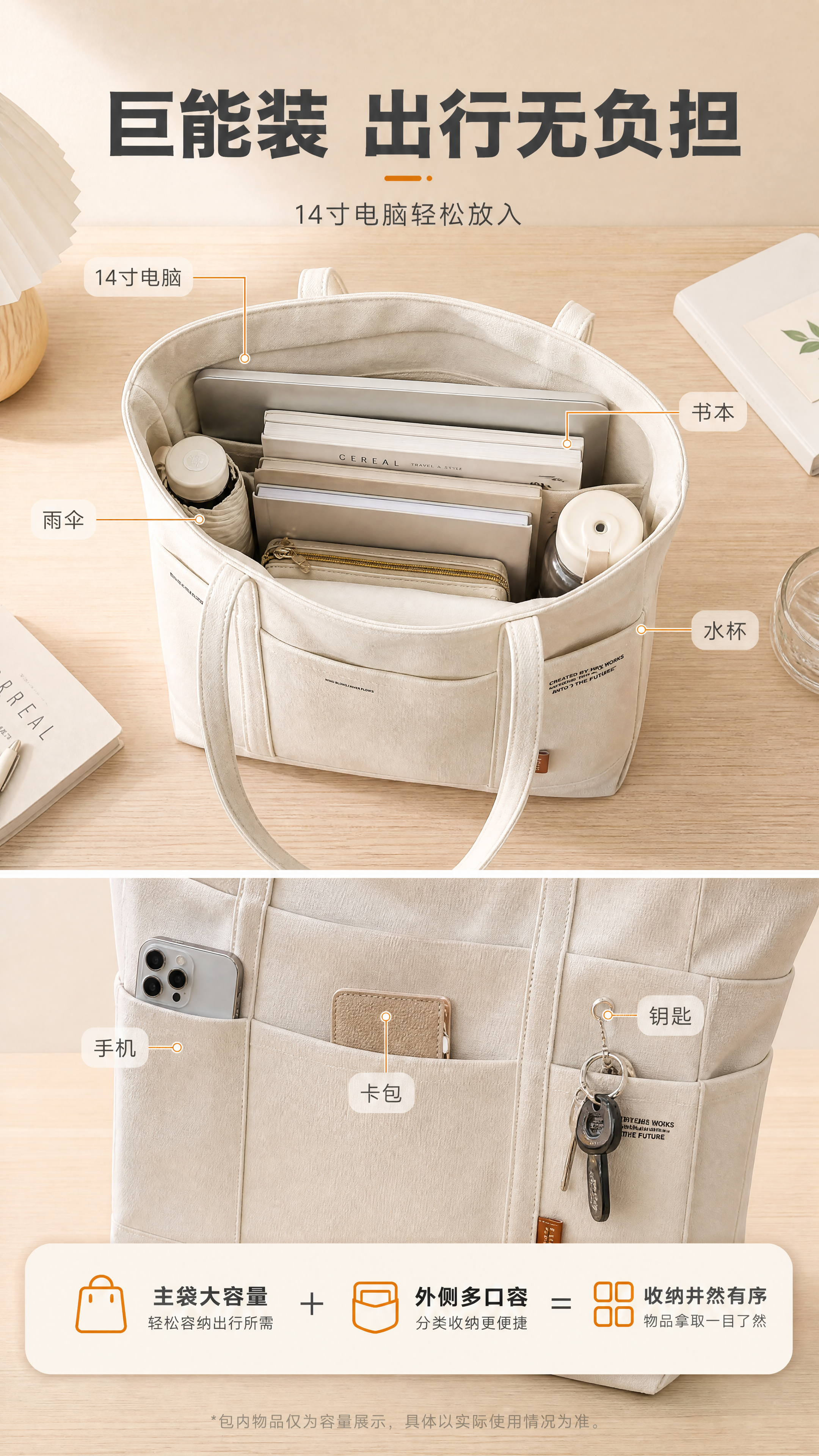 [商品] 使用【图1】米杏色加厚帆布托特包；商品处理：保留包型… - 图片创意预览