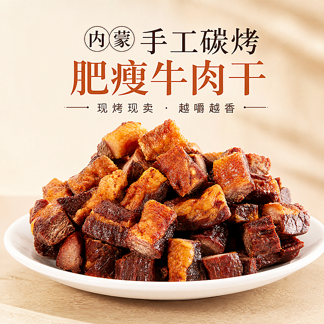 暖调炭火美食风，干净高级，突出食欲感，左上角预留品牌logo位置。居中展示手工碳烤肥瘦牛肉干，突出肥瘦相间的油润纹理，添加卖点文字“内蒙手工碳烤肥瘦牛肉干 · 现烤现卖 · 越嚼越香”，背景为浅米白渐变，整体风格统一，突出内蒙特产现烤牛肉干的质感与食欲感，图片比例1:1正方形